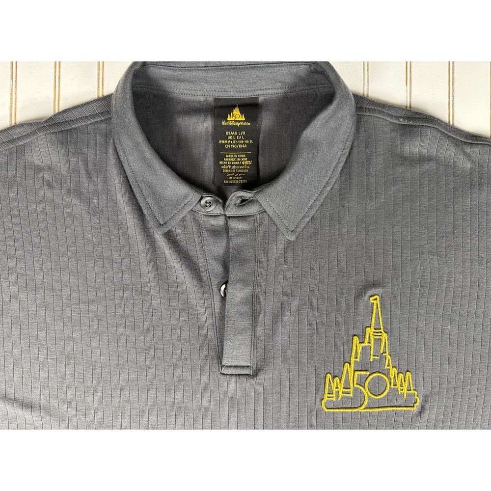 Walt Disney World 50th Anniversary Polo Mens Large Gray TEXTURED Vertical Stripe
